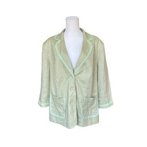 Edward Woman 100% Linen Blazer Size 2X Mint Pastel 3/4 Sleeves Lace Trim Long